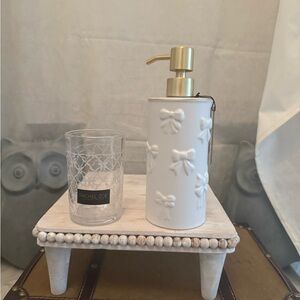 RESERVED: Rachel Zoe White and Gold Bow Soap Dispenser & Clear Rinse Cup